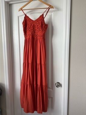 Dokuritu Rust Orange Crochet Lace Tiered Maxi Dress